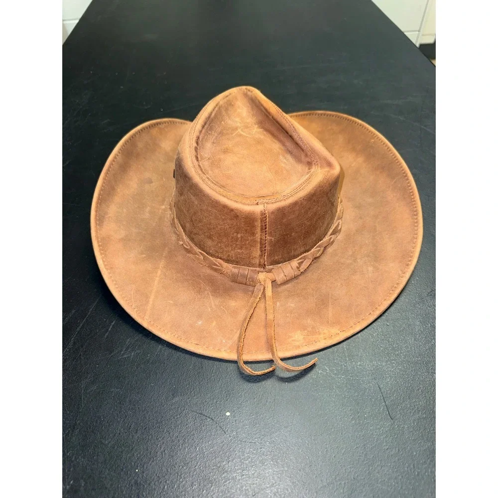 American Hat Makers Brown Leather Cowboy Hat Braided Band Wide Brim Mens Large